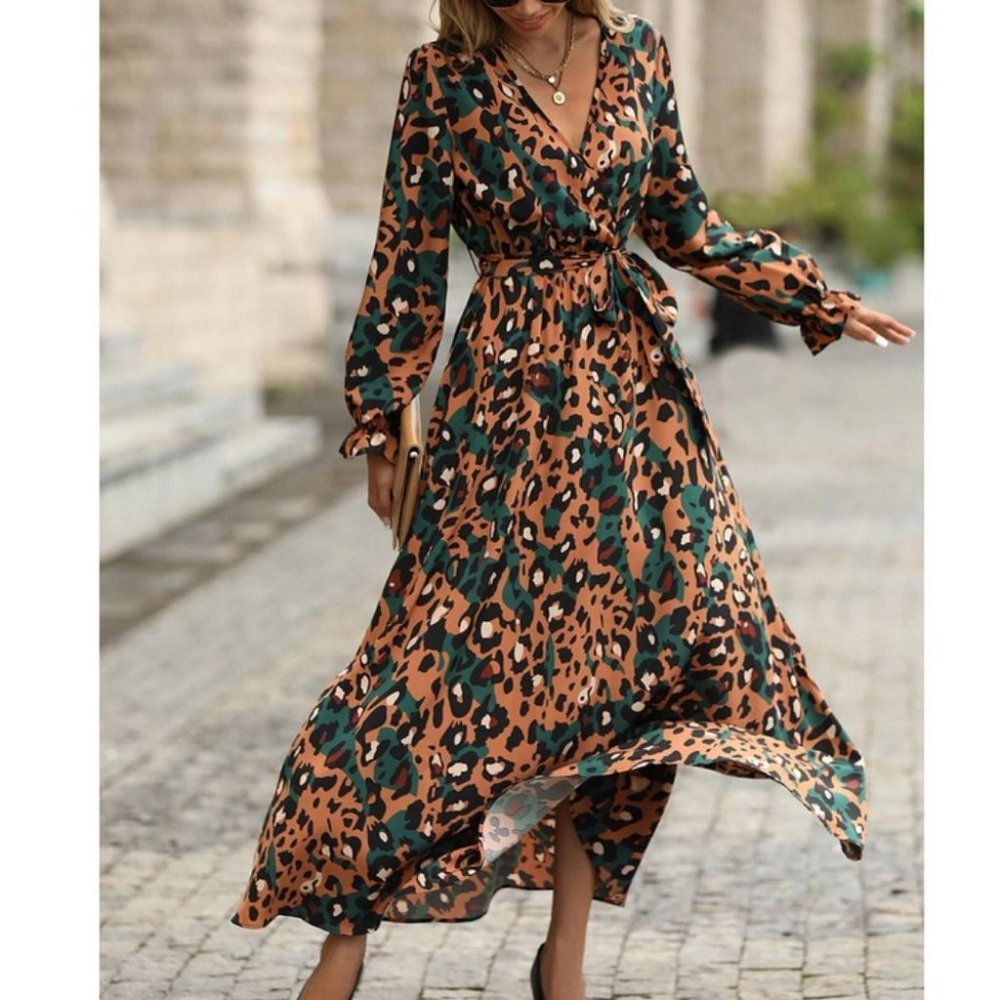 Leopard Aniaml Pattern Flounce Long Sleeve Belted Maxi Dress